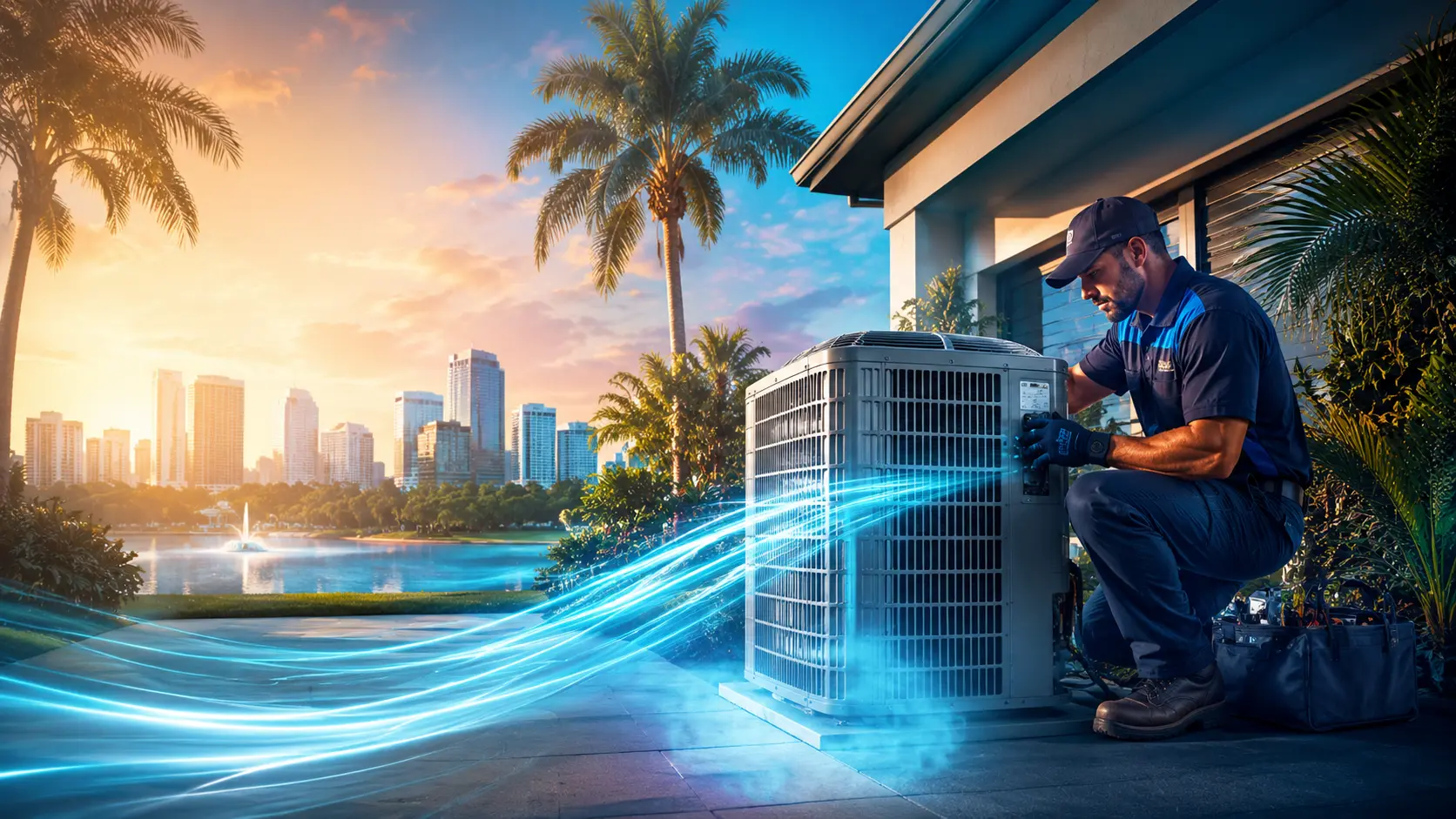 HVAC technician servicing an outdoor air conditioning condenser at a home near the Orlando skyline